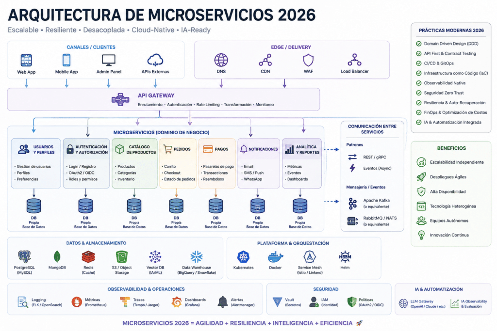 Microservicios: Gu&iacute;a Completa 2026 (IA, Service Mesh y M&aacute;s)